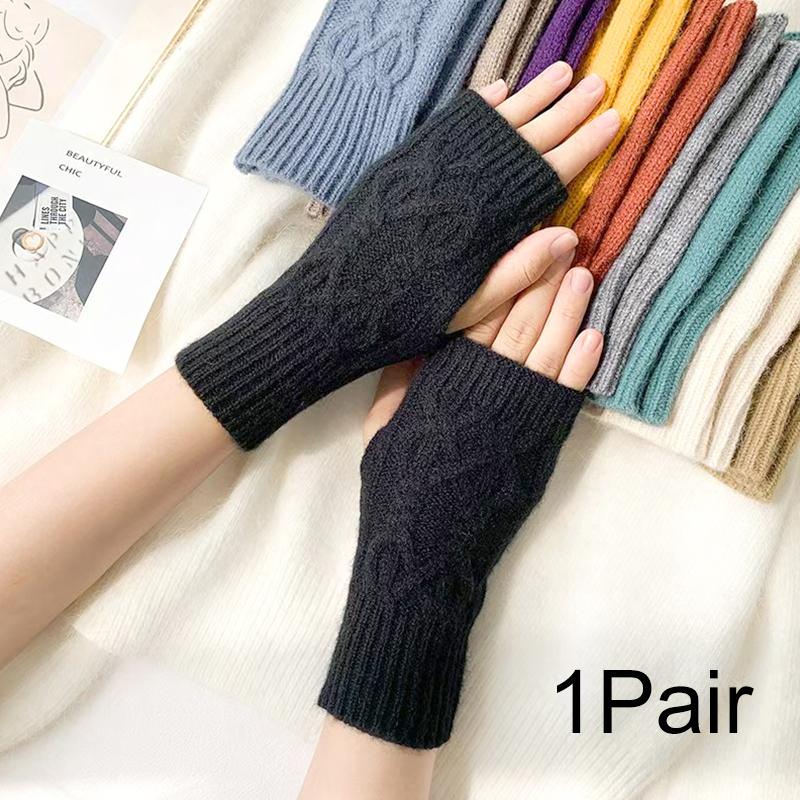 1Pair Women Winter Warm Gloves Soft Fingerless Long Polyester Solid Color Warmer Mittens