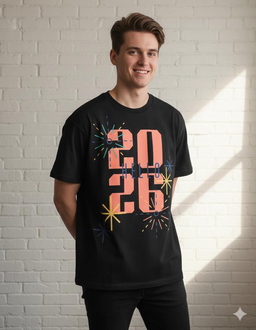 Unisex Adult Casual Graphic Hello 2026 Fireworks Graphic isex T-Shi... M