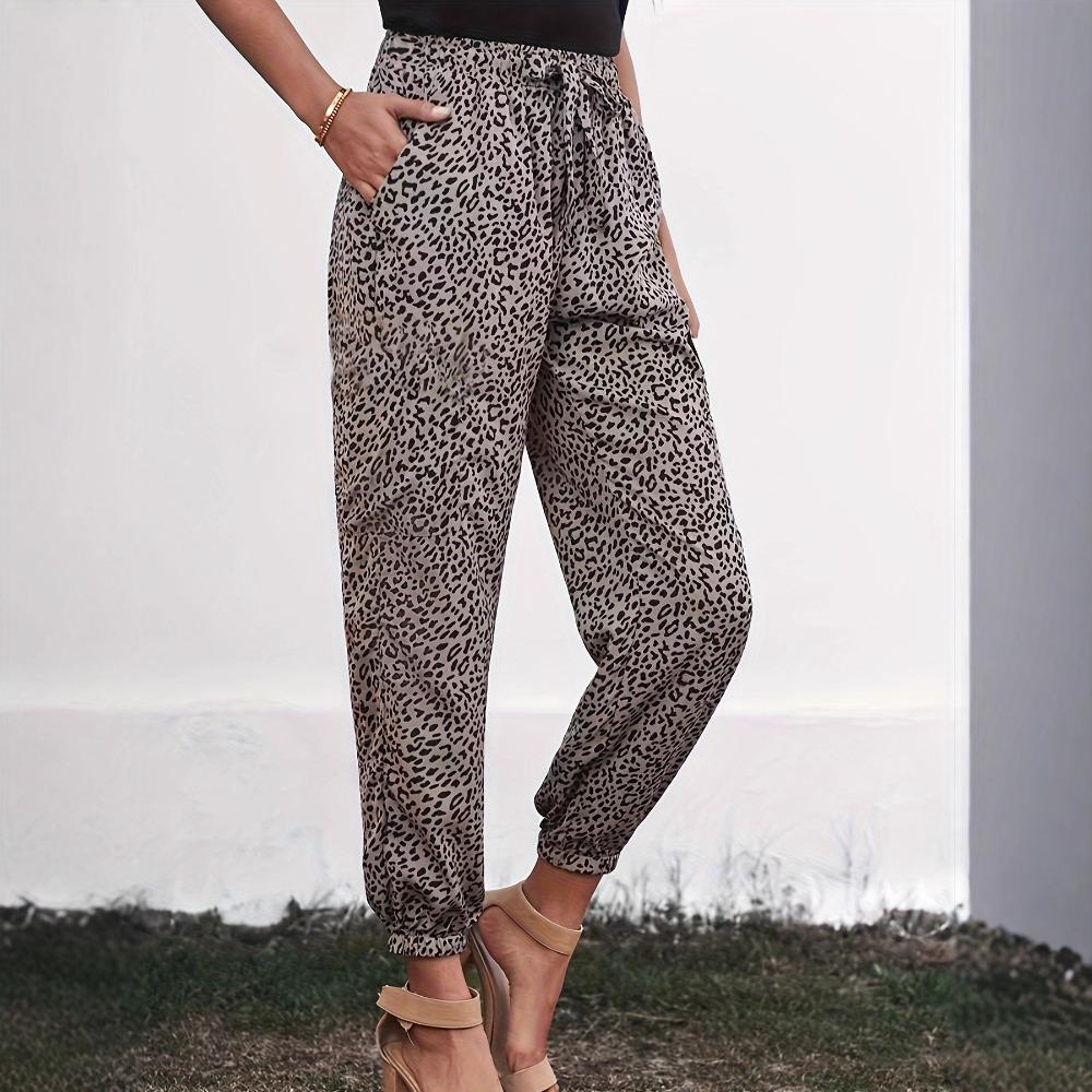 Women's High Waist Drawstring Jogger Pants Relaxed Fit Leopard Print Harem Trousers