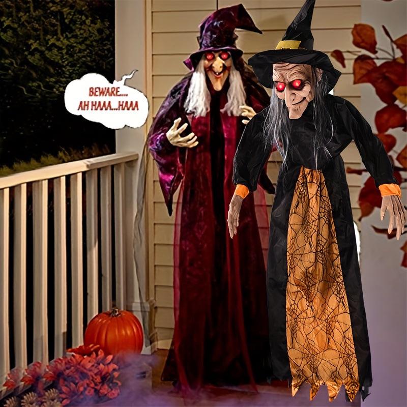 Voice-Activated Light-Up Witch Halloween Decoration - Sound & Motion Hanging Ghost Prop.