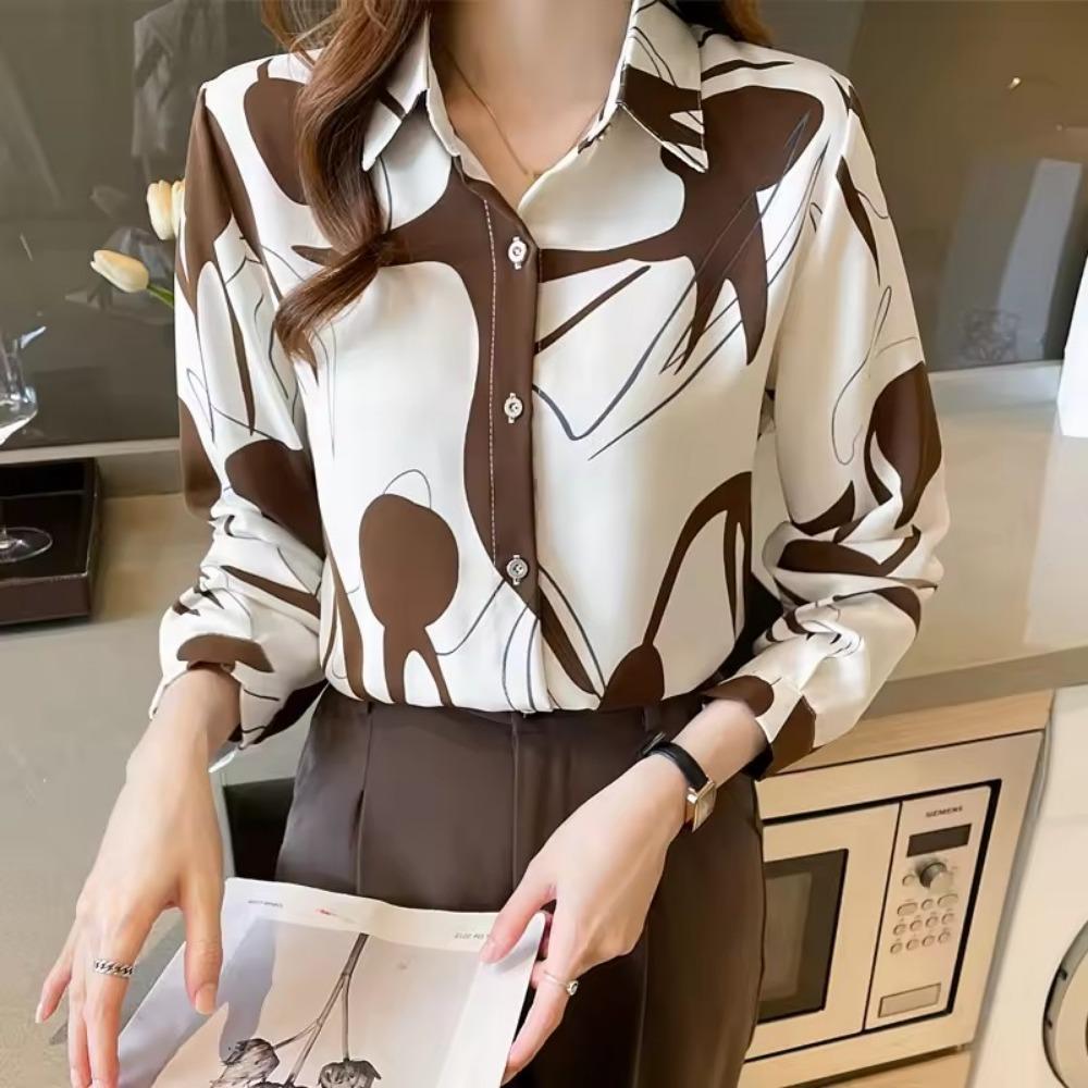 Women'S Simple Shirts 2025 New Floral Print Shirts Summer Vintage Lapel Button Tops Elegant Fashion Long Sleeve Blouses Casual