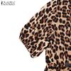 ZANZEA Women Casual Playful Leopard Print Front Tie Puff Sleeve Mini Dress