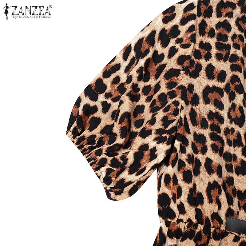ZANZEA Women Casual Playful Leopard Print Front Tie Puff Sleeve Mini Dress