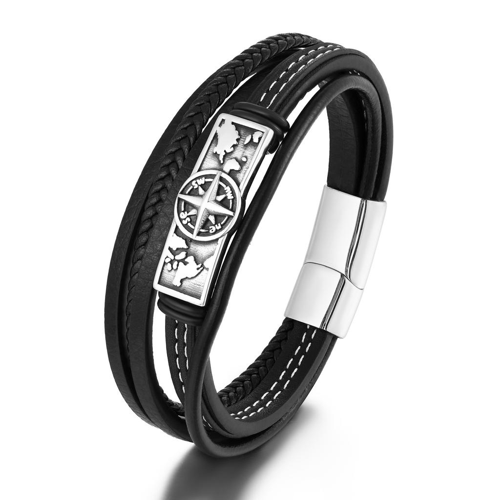European and American Minimalist Men's Stainless Steel Leather Bracelet, Hip-hop Retro Multi-layer Woven Leather Bracelet