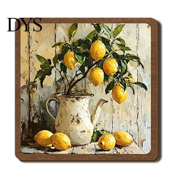 Vintage Lemon Oil Painting Decor Wooden Tabletop Sign, Pastoral Farmhouse Decorative Plaque with Handcrafted Art Iron Stand, Rustic Desktop