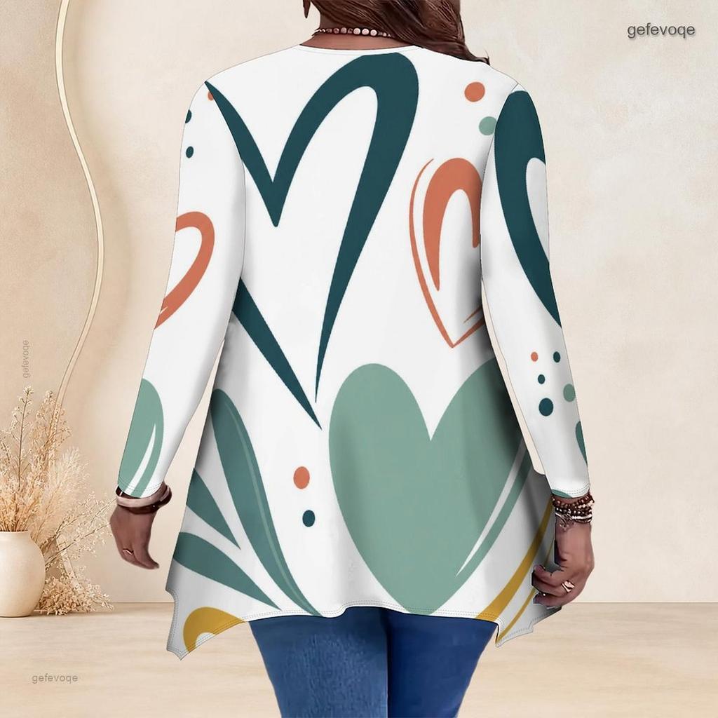 Women Plus Size V Neck Long Sleeve Printed Asymmetric Hem Flared Tunic Top
