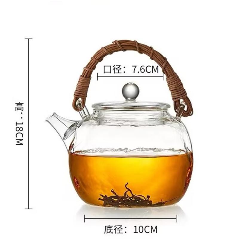 Japanese 800ML Rattan Weave Handle Hammer Patterned Glass Teapot with Spring Stranier Filter Puer Tea Pot Heatable Glass Tea Set