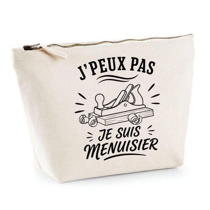 Trousse de toilette - PLANETEE - J’peux pas je suis Menuisier (minimaliste) - Beige - 100% coton - Zip métal 3 L