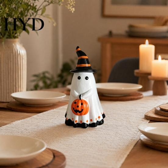 Handcrafted Ghost Ornament Halloween Figurine with Witch Hat, Cute Small Resin Decorative Holding Pumpkin Statue for Home Table Shelf Desk Decor
