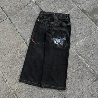Pánske Y2K Harajuku Hip Hop Oversized Rovné Džínsové Nohavice s Kreslenou Výšivkou Čierne Prané