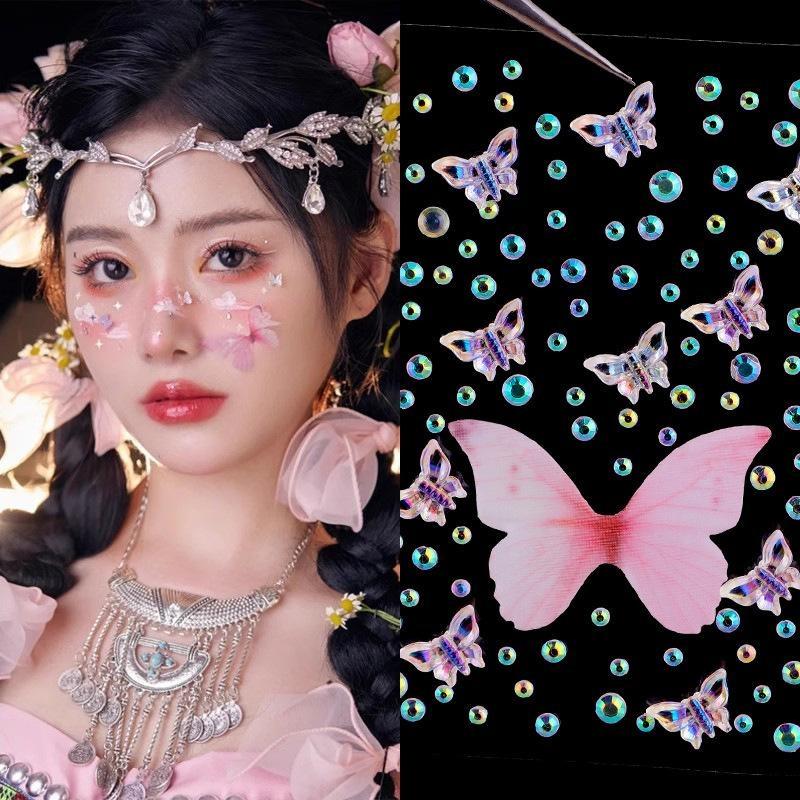 Neue Strass-Schmetterlings-Gesichtsaufkleber mit Perlen, temporäre Tattoo-Aufkleber, langlebig, wasserdicht, Glitzer-Lidschatten, Körper für Festival-Make-up
