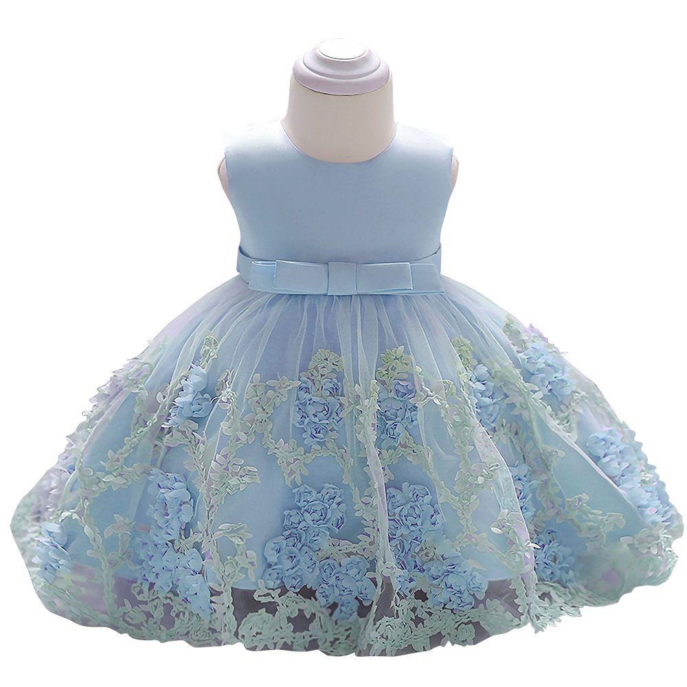 Summer Girls' Children's Dress Children's Wedding Dress Baby's First Birthday Dress Applique Mesh Puffy Skirt