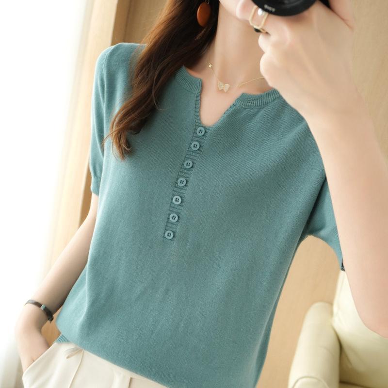 Summer New Women's T-shirt Short-sleeved Loose V-neck Thin Knitted T-shirt Versatile Slim Thin Button Short-sleeved Tops