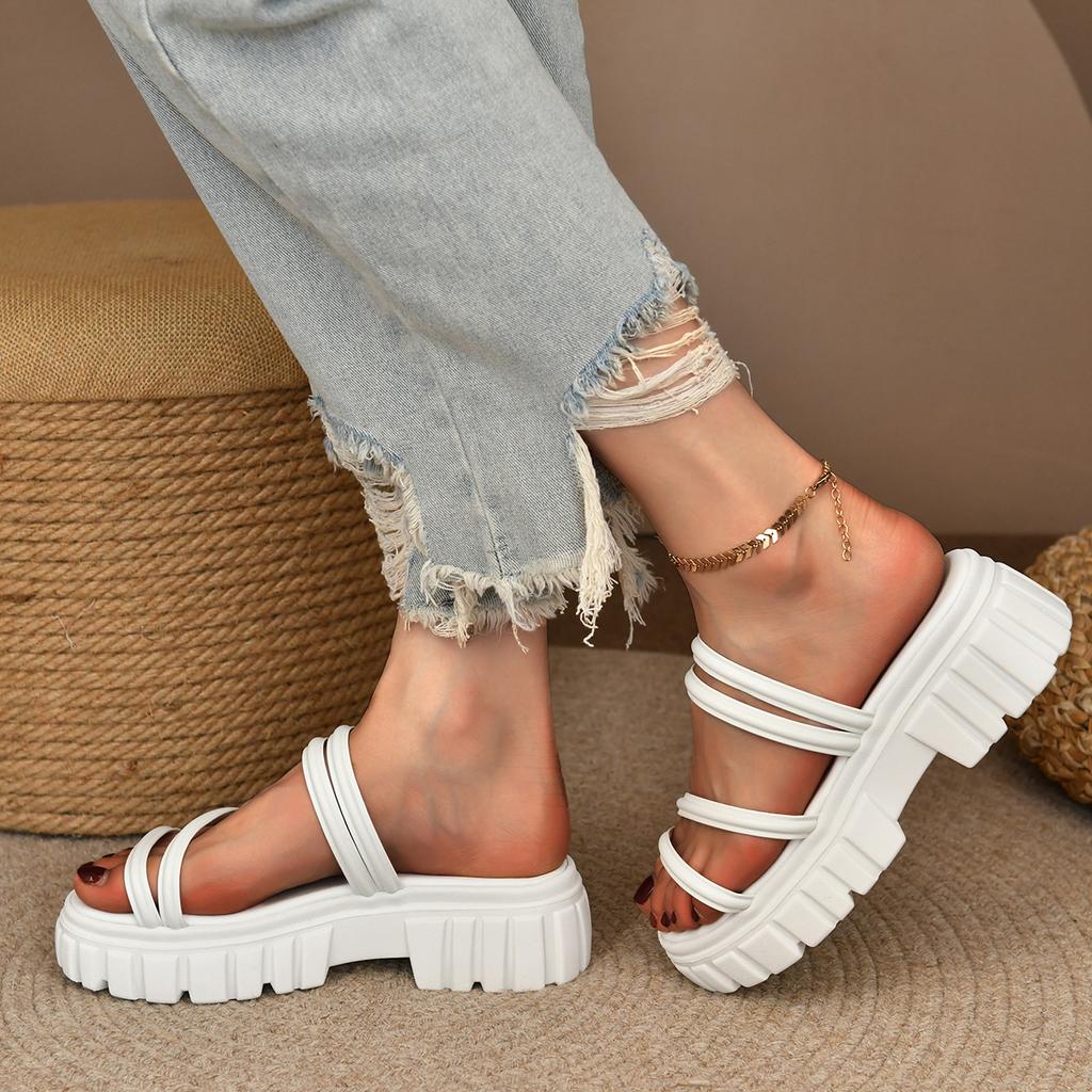 Plus Size Casual Slippers Thick Solid Color Women Sandals Summer Round Toe Open Back Strap Slip-On Wear Slipper Slides Women