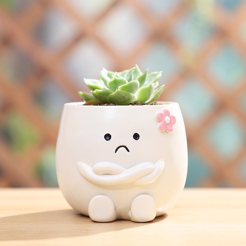 Smiley Face Mini Plant Pot Resin Succulent Planter for Home Office Desk Decorative Ornament Fairy Garden Flowerpot Decoration