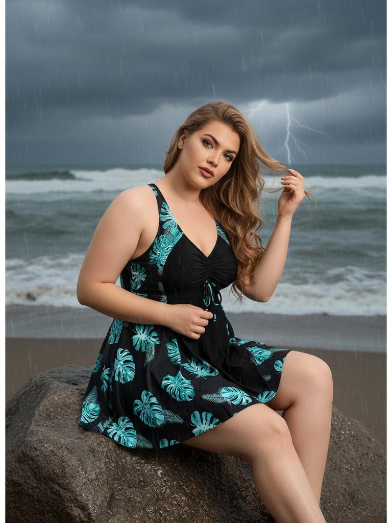 Plus Size Two-Piece Skirt Swimwear: Printed, Tummy Concealing, Slimming Boyshorts, Conservative Style, Ideal for Vacation or Hot Spring.