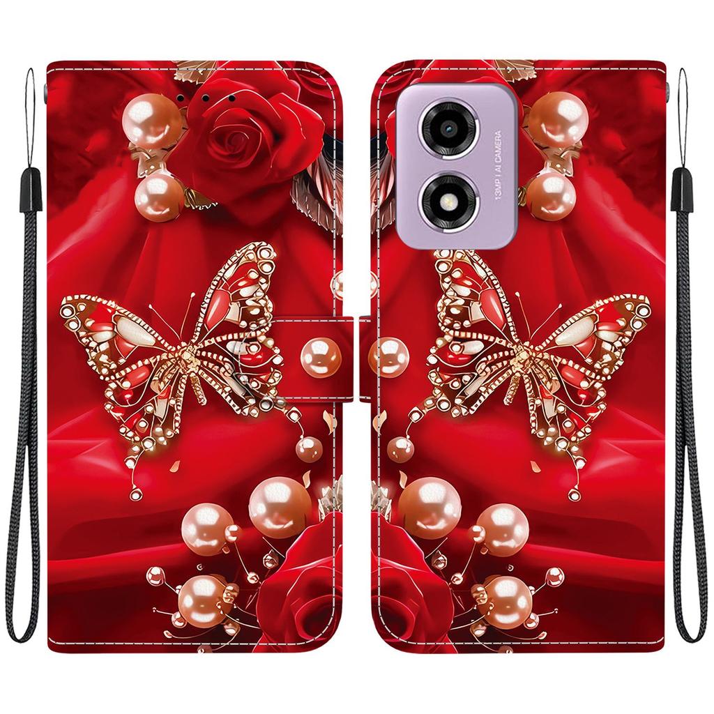 Handmade PU Leather Flip Case for Motorola Moto G04s / Moto E14 Anti-Slip Shockproof Cover with Wrist Strap & Heart/Rose Cat Designs