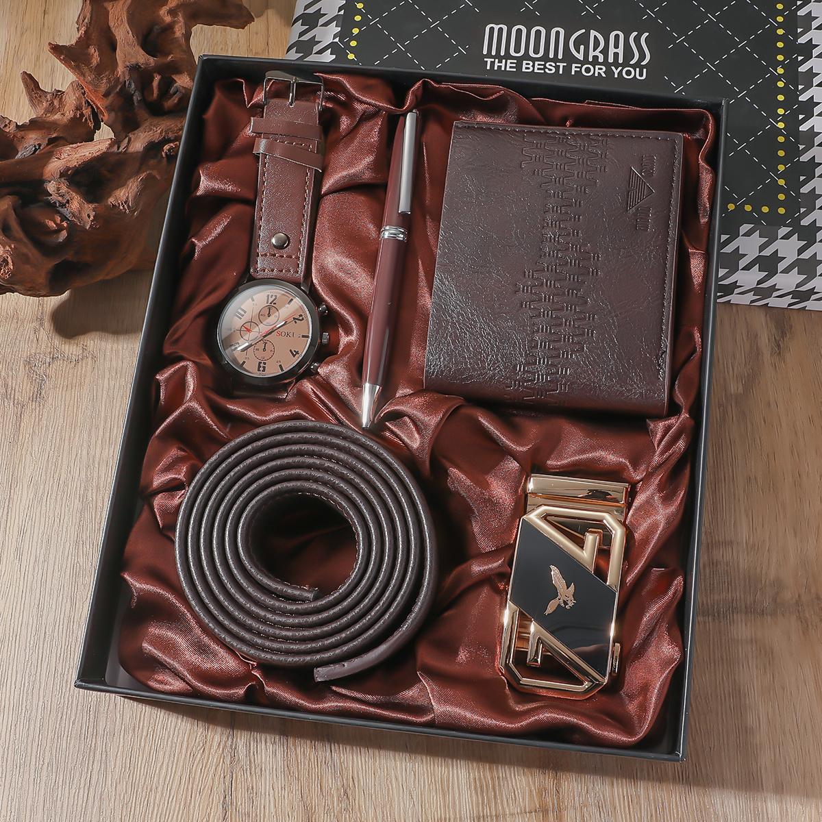 

Самый продаваемый интернет-знаменитость трехглазый модный мужской кожаный ремень кварцевые часы ручка ремень кошелек подарочный набор из 4 предметов кофейный