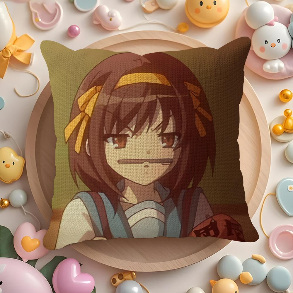 Anime H-Haruhi S-Suzumiya Cushion Cover Natural Linen Organic Fabric Double-Sided Printing Sofa Home Decor Gift Pillow Cover
