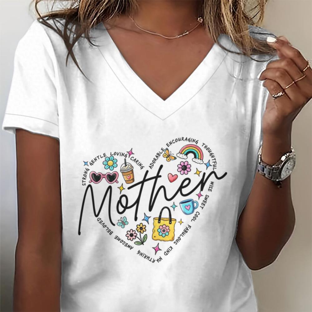 Mother V-Neck T-Shirt Heart Graphic with Positive Words Printed T-shirt Soft Mom Life Tee Mother Inspirational T-Shirt S