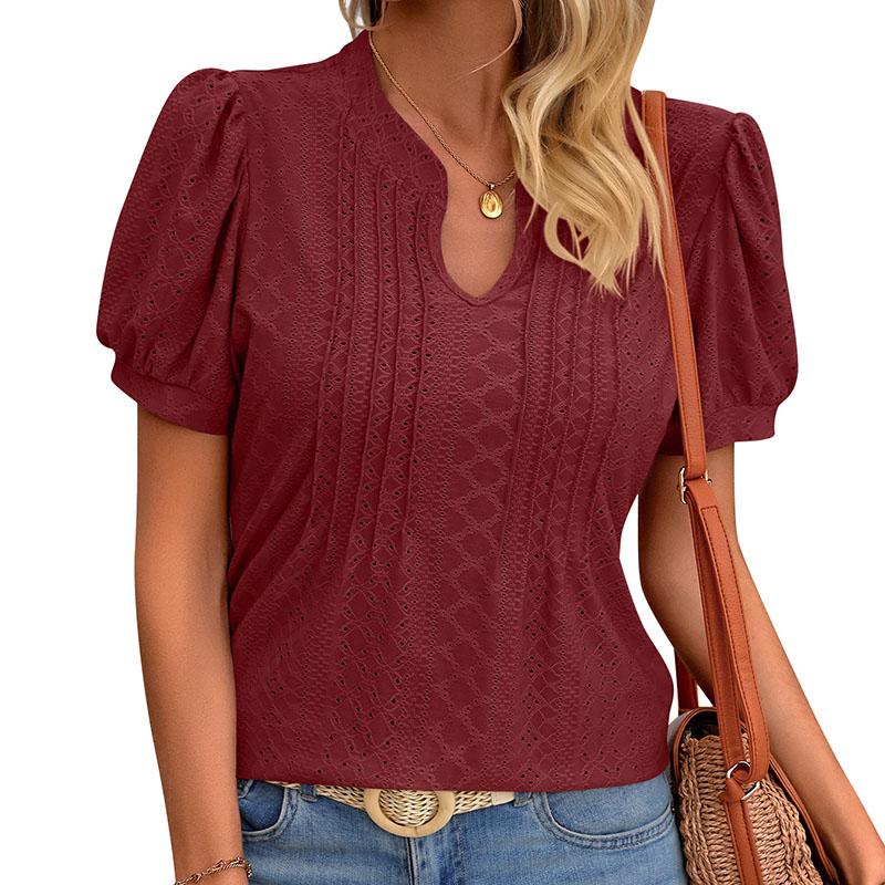 

Женская летняя футболка с коротким рукавом и V-образным вырезом, дышащий однотонный пуловер, топ S вино красного