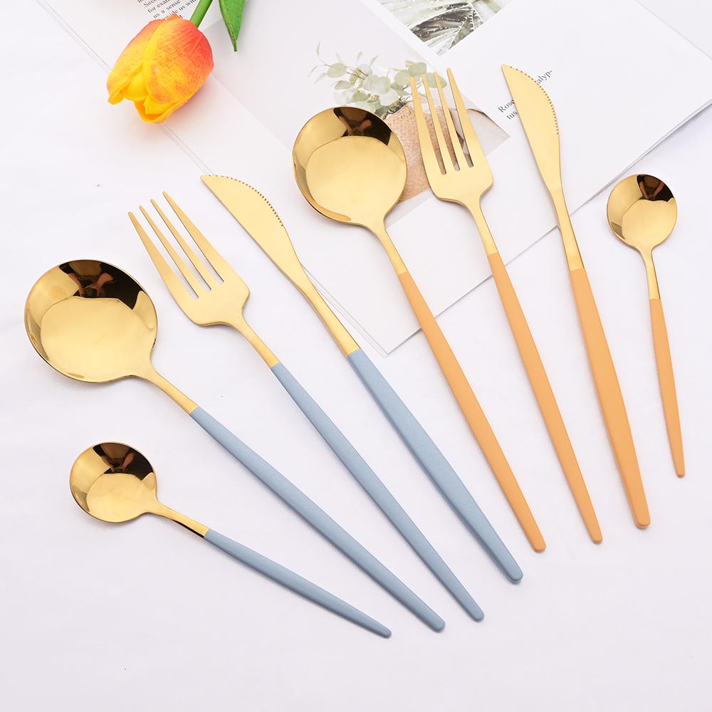 Purple Handle 24Pcs Mirror Dinnerware Set Stainless Steel Gold Tableware Knife Fork Coffee Spoon Flatware Cutlery Set Silverware