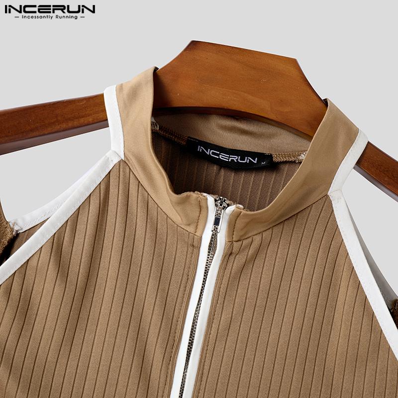 INCERUN Camisetas de verano para hombre, de manga corta, con cortes, costuras, cremallera y canalé, informales, ajustadas