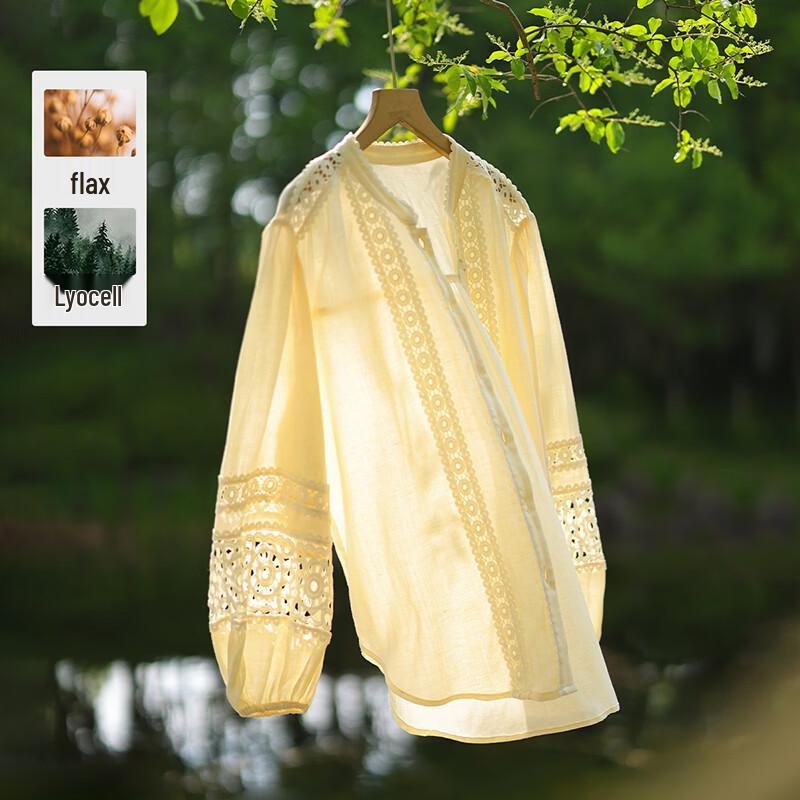Wudao Women s Lace Spliced Tencel-Linen Blouse M
