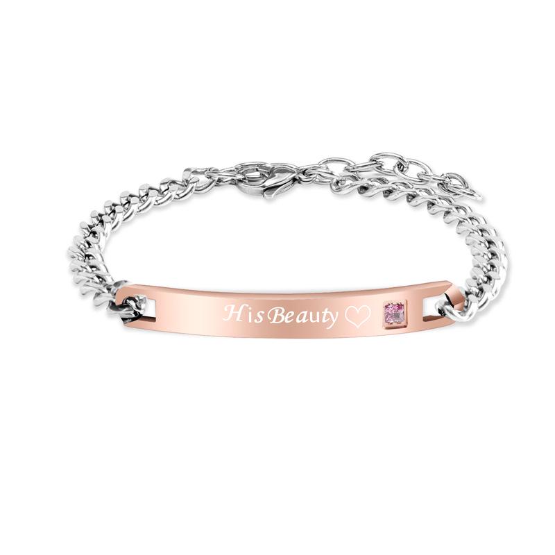 Crown Heart Zirconia Engravable Titanium Steel Couple Bracelet - Valentine's Day Gift