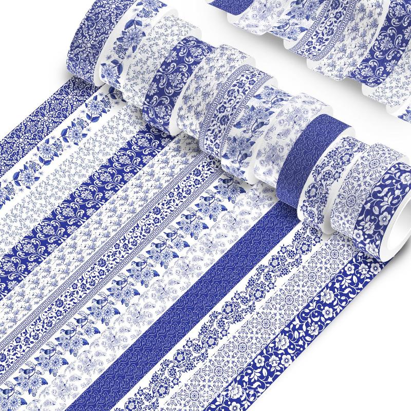 Blue & White Washi Tape Set; Pretty Chinoiserie Designs; 12 Rolls! Decorative Tape; Journaling, Scrapbooking