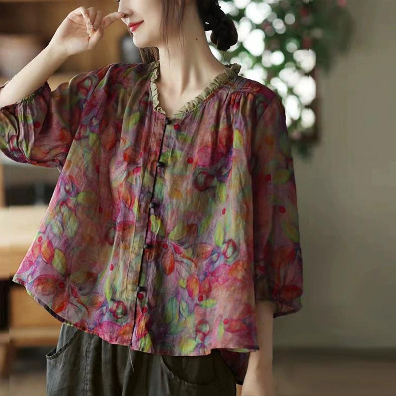 

Женская летняя рубашка большого размера в этническом стиле, утягивающий топ, футболка с короткими рукавами, женские рубашки M