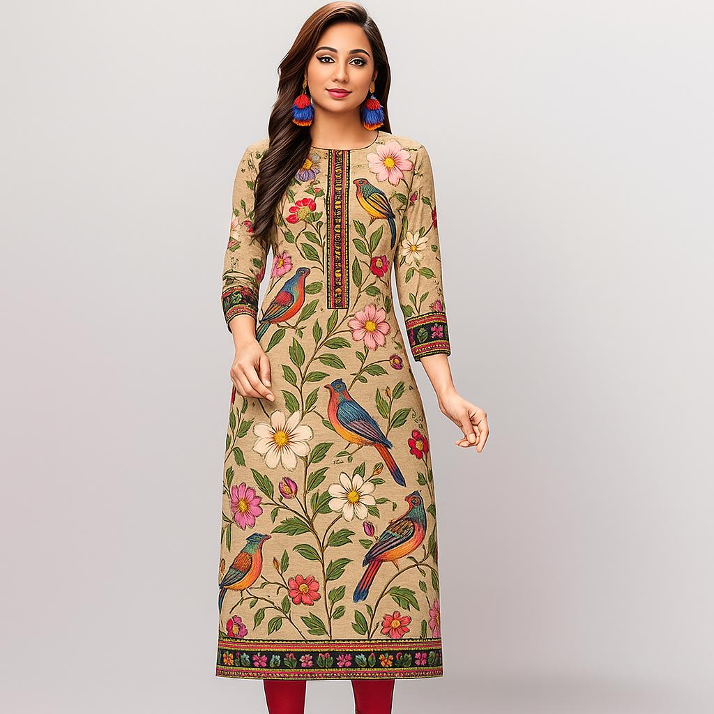 

Стильная повседневная женская курти с принтом, круглый вырез с принтом по всей поверхности, мусульманский стиль, винтажный и элегантный дизайн, подходит для вечеринки XL бежевый