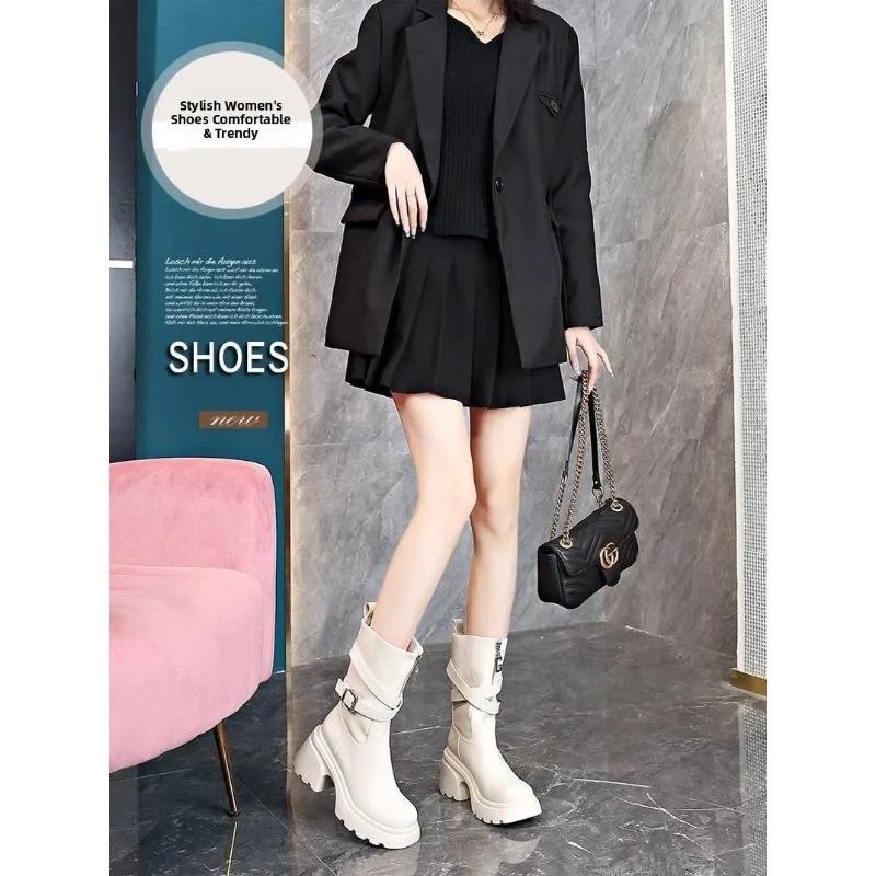 Women'S New Autumn/Winter Thick Soled Front Zipper Knight Boots Black Retro Casual Motorcycle Boots Short Tube