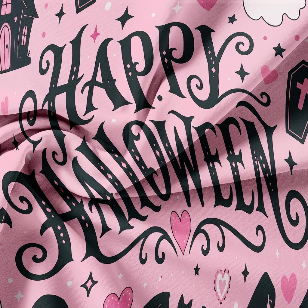 3Pieces Cute Pink Spooky Halloween Print Duvet Cover Set, Happy Halloween Slogan Skull Hat Bat Castle Love‑Heart Pattern Bedding