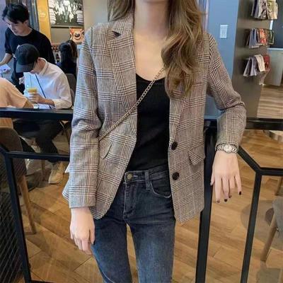 Women Spring Autumn Suit Coat Lapel Long Sleeve Single Breasted Suit Jacket Plaid Print Flap Pockets