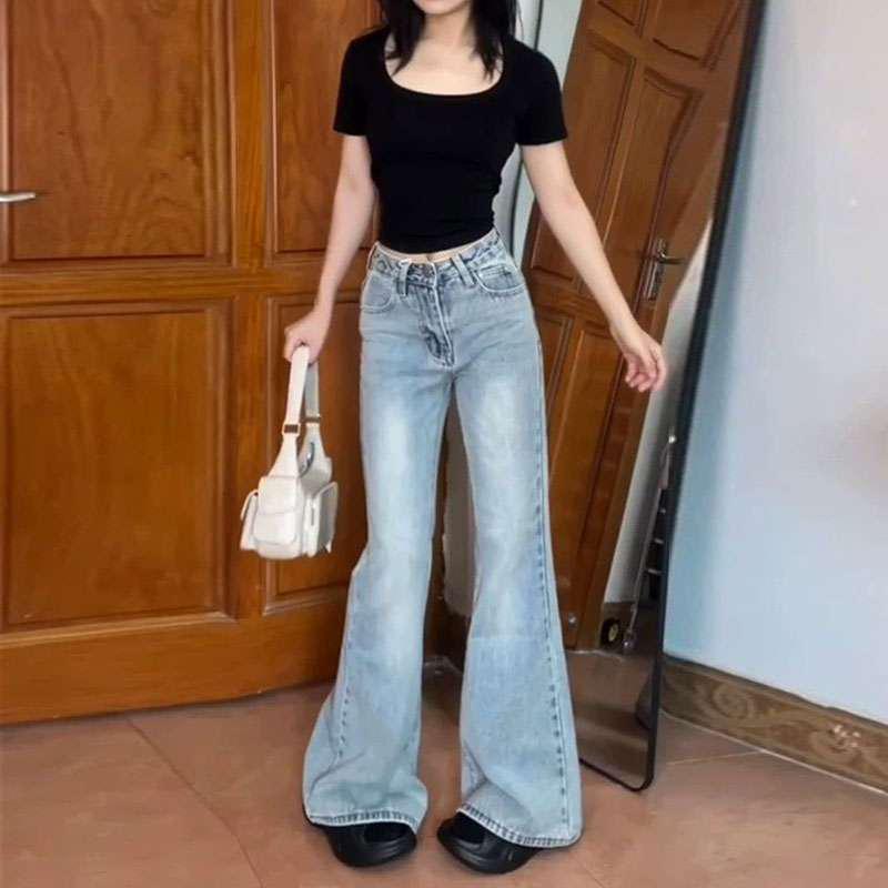 

Autumn 2026 Women s Black Low-Waist Micro-Flare Jeans with Slimming Straight Leg Design XL светло-синий