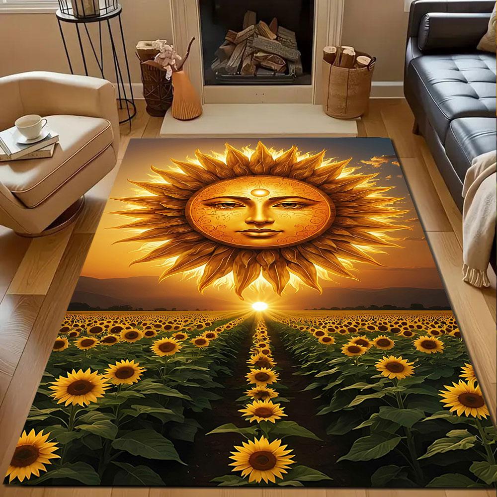 Radiant Sun Over Sunflower Field Patterned Carpet, Non Slip Mat Suitable for Living Room and Bedroom Sofas