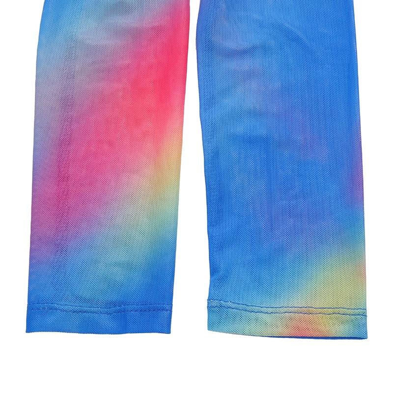 Damen Sommer Mesh Tie-Dye Langarm Slim Fit Bodysuit