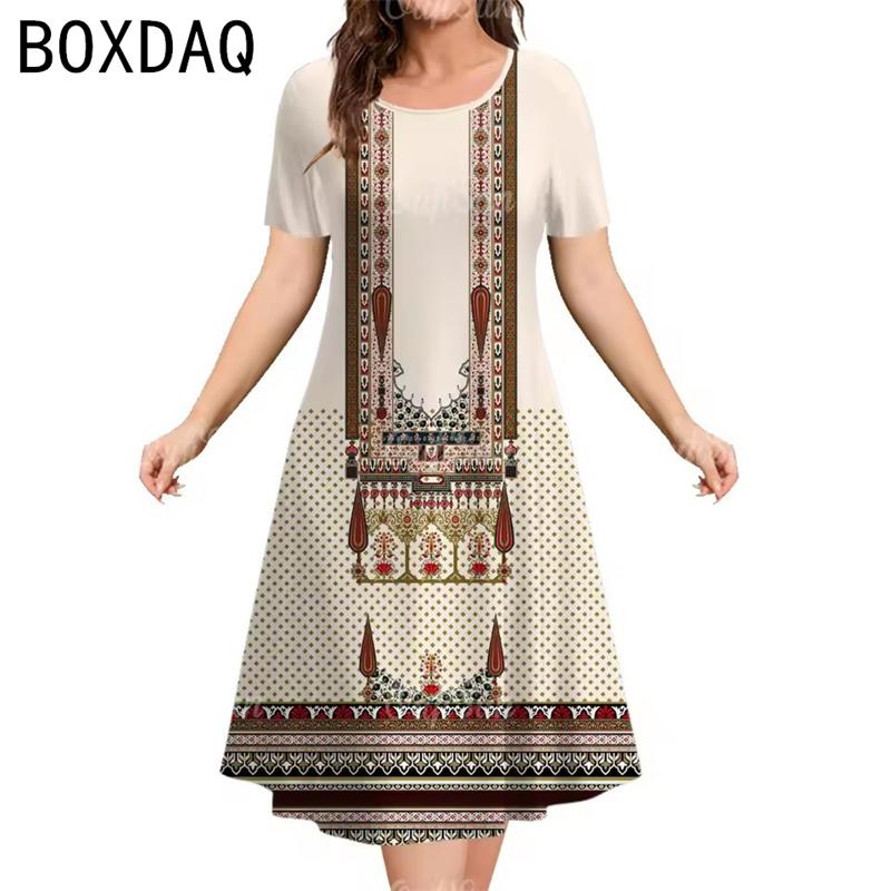 Women's Vintage Bohemian Ethnic Print Dress Summer Big Size Short Sleeve O-Neck  Casual Dress Elegant Ladies Mini A-Line Dress