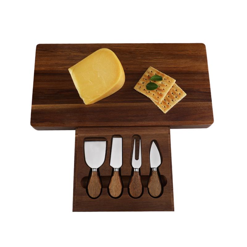 Square Acacia Wood Cheese Board & 4-Piece Stainless Steel Cheese Knife Set