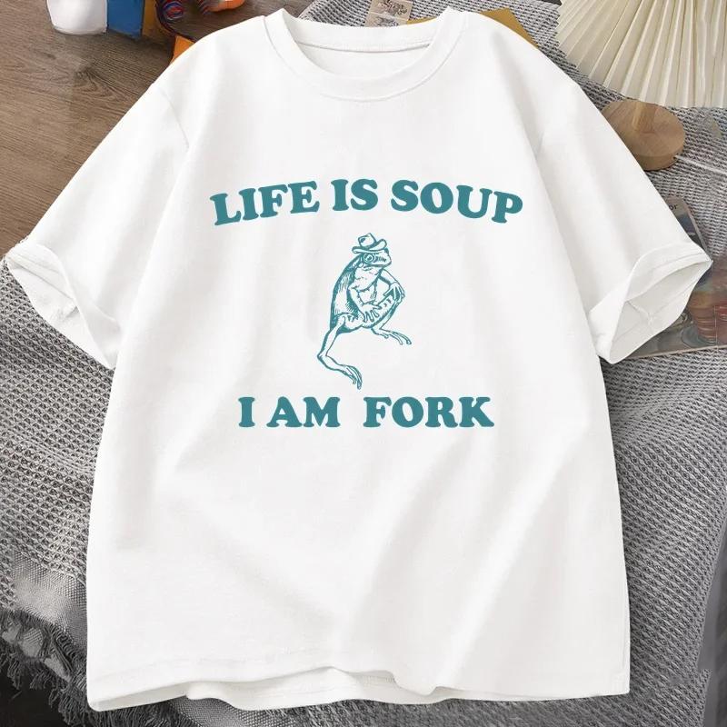 Life Is Soup I Am Fork Frog Graphic T Shirt Unisex Funny Retro T-Shirt Summer Animal Printed Tshirt Frog Meme Tees S
