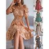 European American Floral Square Collar Short-sleeved Waist Ruffled A-line Dress