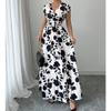 Nuevo Vestido Largo Estampado de Verano con Cuello en V y Manga Corta con Lazo para Mujer Cintura Ajustada