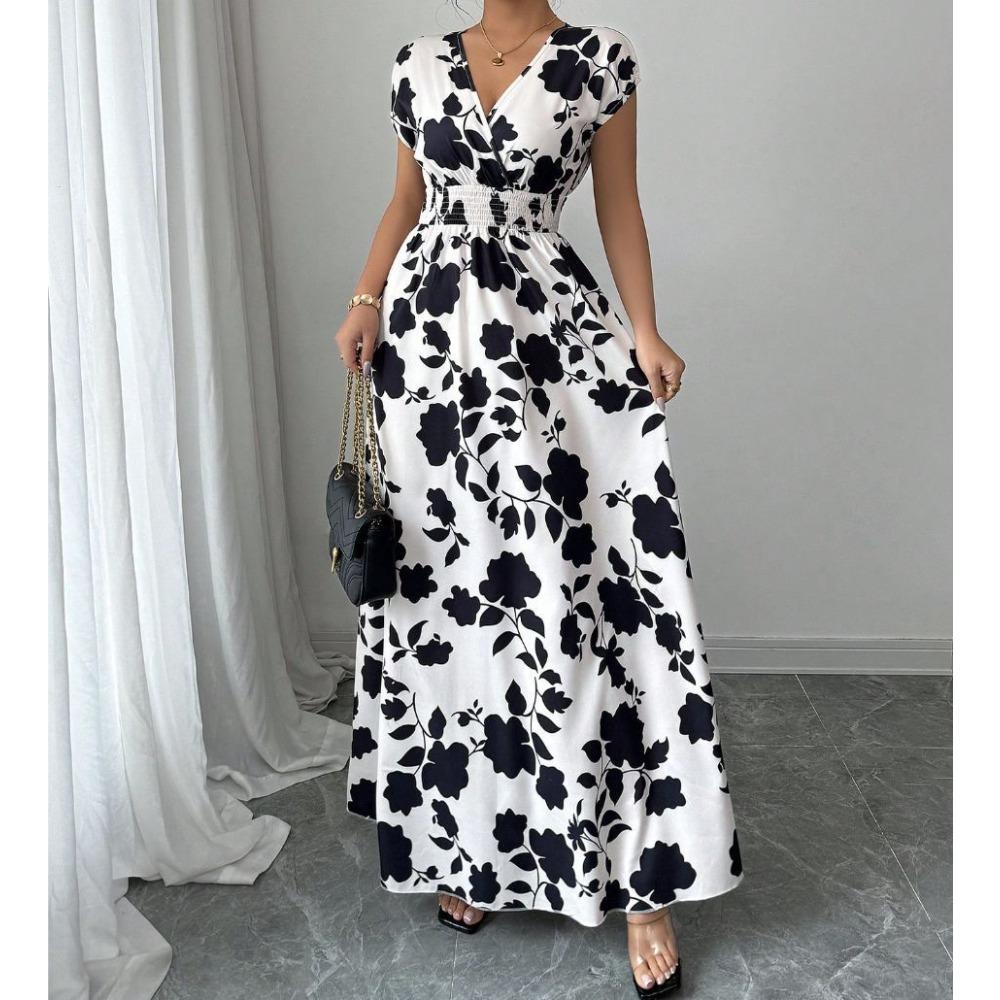 Nuevo Vestido Largo Estampado de Verano con Cuello en V y Manga Corta con Lazo para Mujer Cintura Ajustada