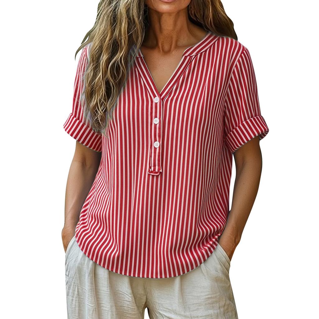 Chemise rayée élégante à boutons en coton et lin pour femme, idéale pour l'été.