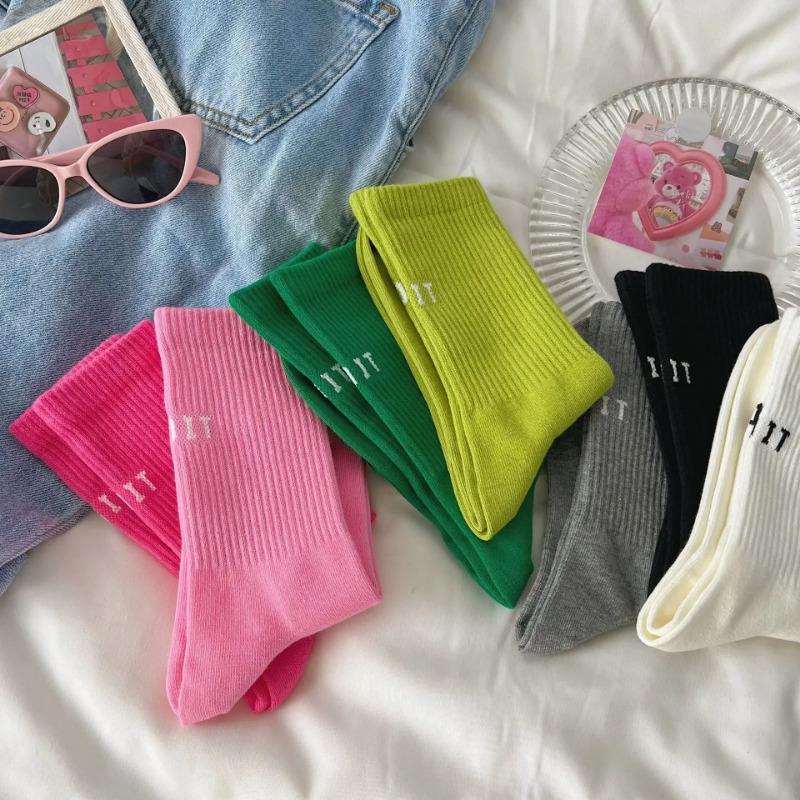 Pink Socks Women's Spring and Autumn Style Mid-tube Socks Ins Outside Wear Cotton Bottoming High Waist Letter Sports Stockings