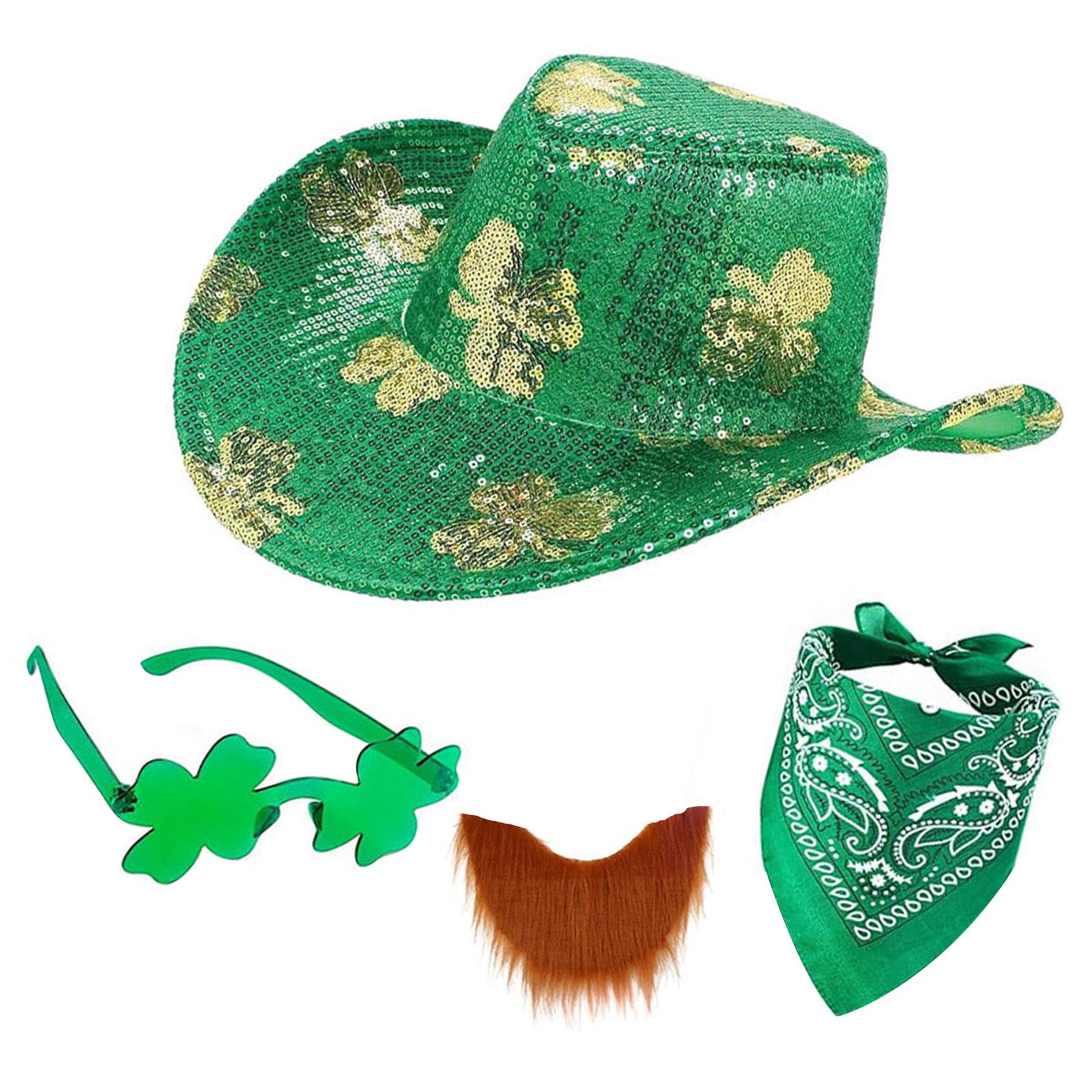 

3Pieces Patrick s Day LED Light Up Cowboy Hat with Glitters Sequins Clovers Designs for Festival Celebration 1