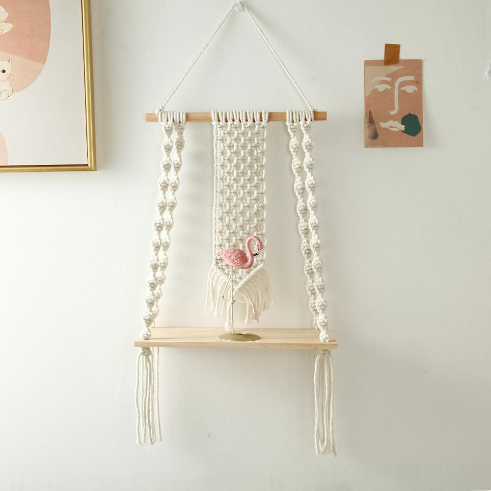 Handmade Tassel Macrame Tapestry Wall Hanging Shelf Boho Cotton Rope Woven Plant Hanger Wood Floating Shelf Wall Decoration