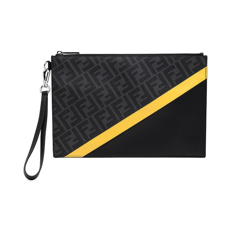 

Fendi Monogram Logo FF Pattern Color Block Striped Coated Wristband Canvas And Leather Clutch Men clutch Black Gray Yellow 7N0110-A9XS-F0R2A Basic Set (Bag+Dust Bag)