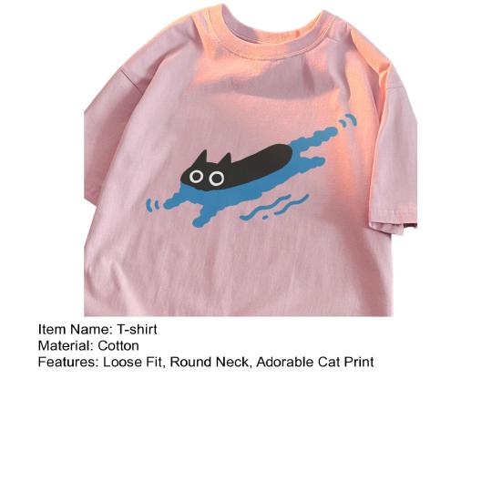 Pár Ležérní Tričko Kreslená Černá Kočka Potisk Tričko Kulatý Výstřih Volný Letní Top pro Muže Ženy Domácí Posilovna Streetové Oblečení